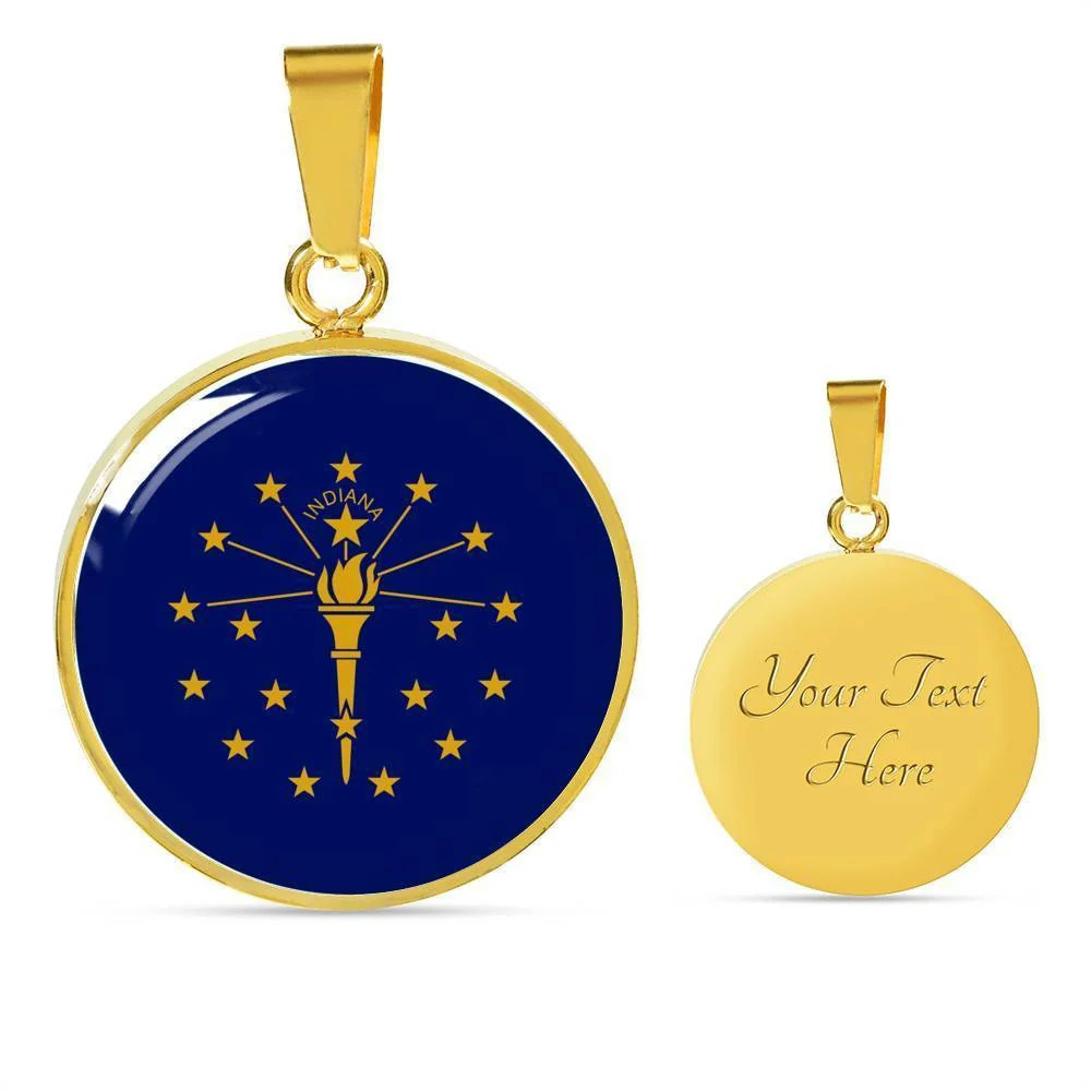 Indiana State Flag Personalized Engraved Gold Circle Necklace Custom Name Date